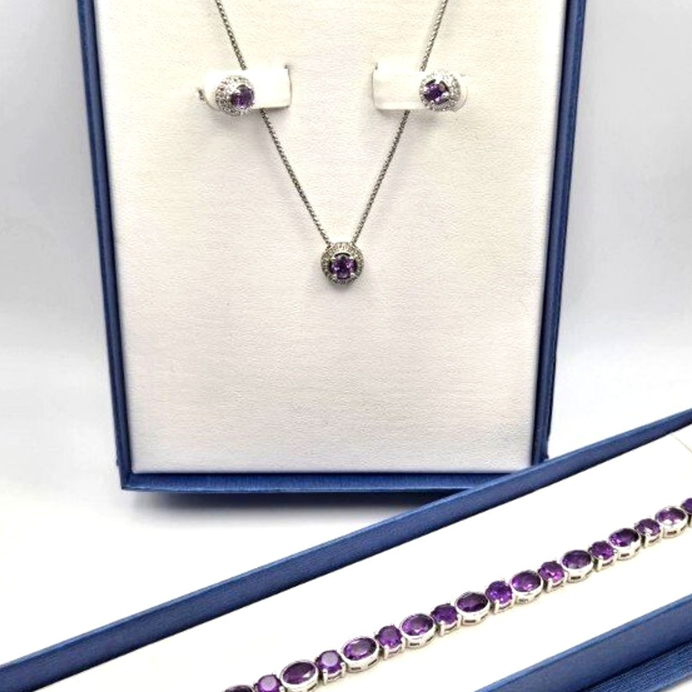 Bellisima 925 Sterling Silver Amethyst White Topaz‎ Necklace Bracelet Earrings